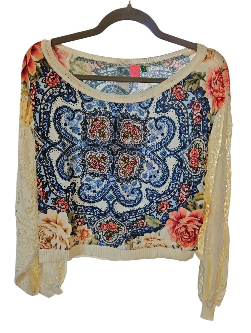 FARM Rio Azulejo Tile Blue Floral Sweater Crochet Sleeve Sz P - Picture 2 of 5